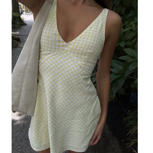 Abercrombie & Fitch Linen Gingham Mini Dress Yellow White V-Neck EUC Sz S - Picture 9 of 11